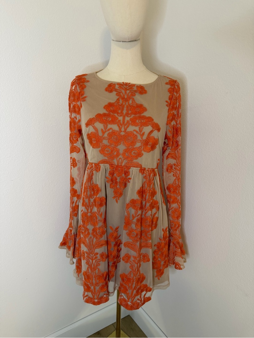For Love & Lemons Orange‎ Floral Appliqué Fit & Flare Mini Dress Size Small